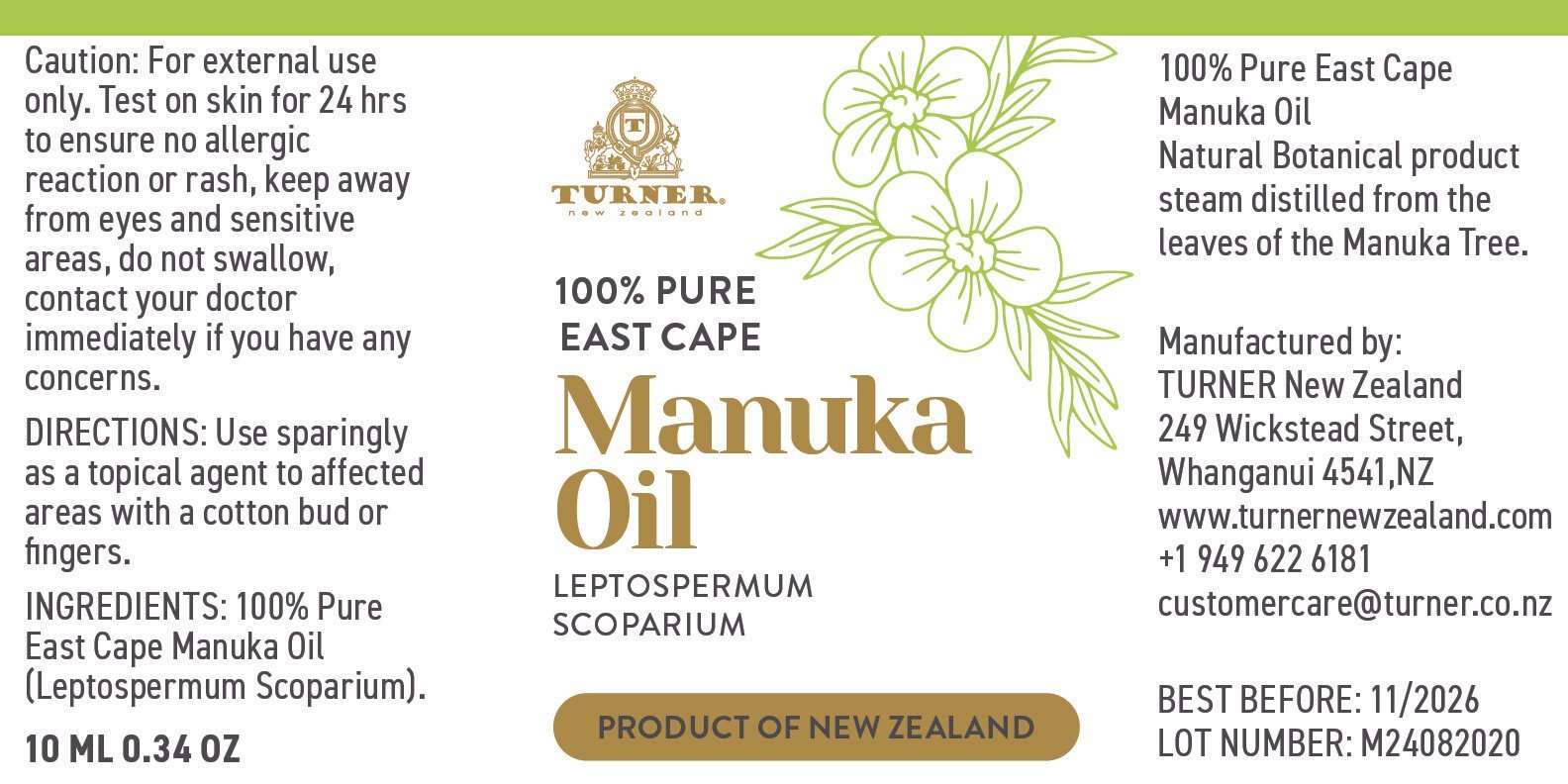 100% Pure Manuka Oil, TURNER New Zealand,